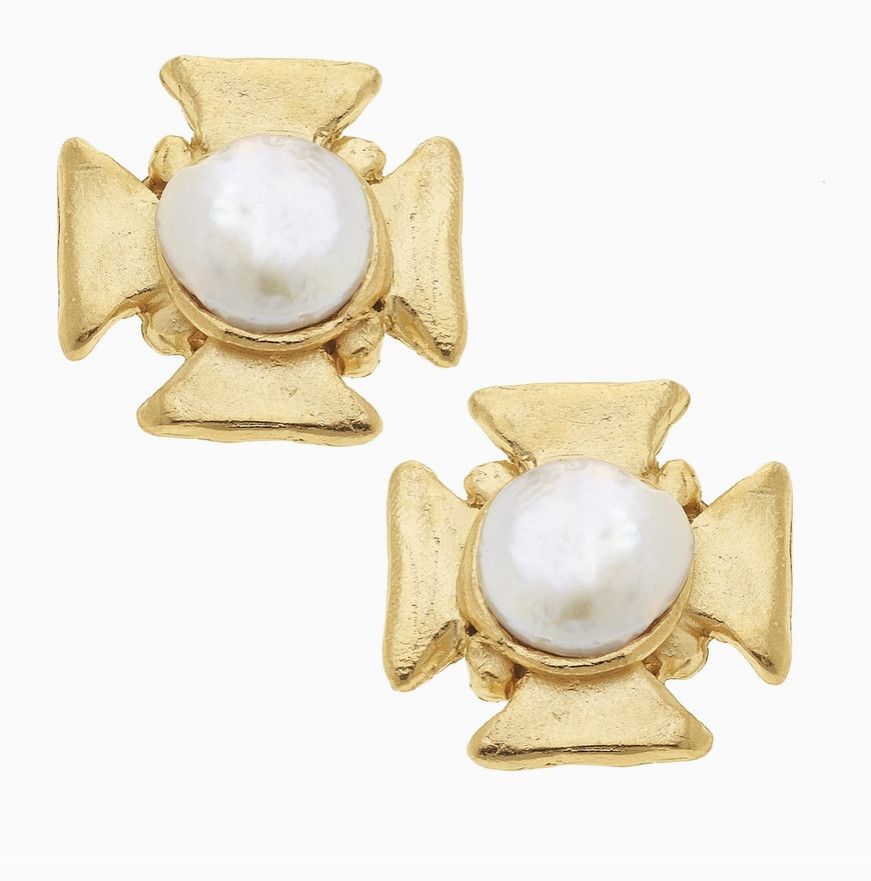 Gold cross with genuine freshwater pearl pierced earrings