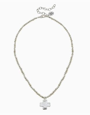 Silver cross on silver beaded necklace