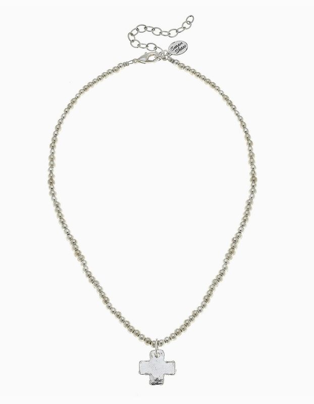 Silver cross on silver beaded necklace