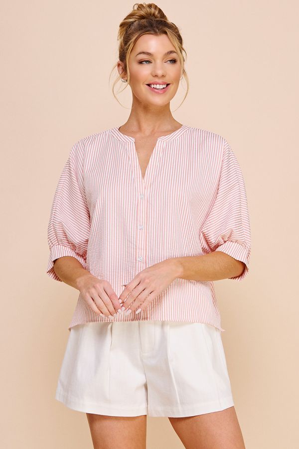 Pinstripe Button Blouse, Color: Pink, Size: Small