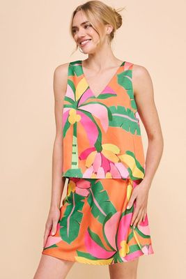 Tropical Printed Satin V-Neck Tank