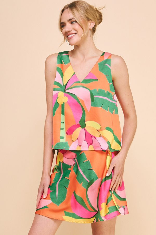 Tropical Printed Satin V-Neck Tank, Size: Small