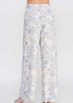 Printed soft linen elastic tie waist wide leg pants with side pockets