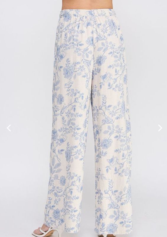 Printed soft linen elastic tie waist wide leg pants with side pockets
