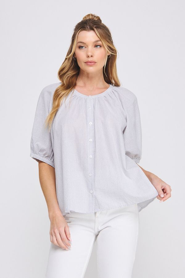 Baby Stripe Linen Seersucker Elbow Blouse