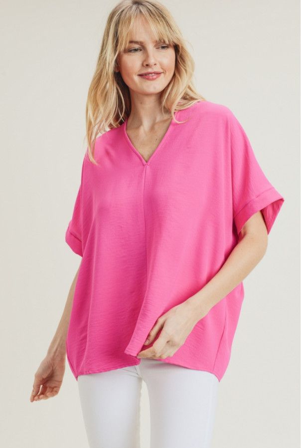 Solid boxy top with a V-neckline and short sleeves, Color: pink, Size: S