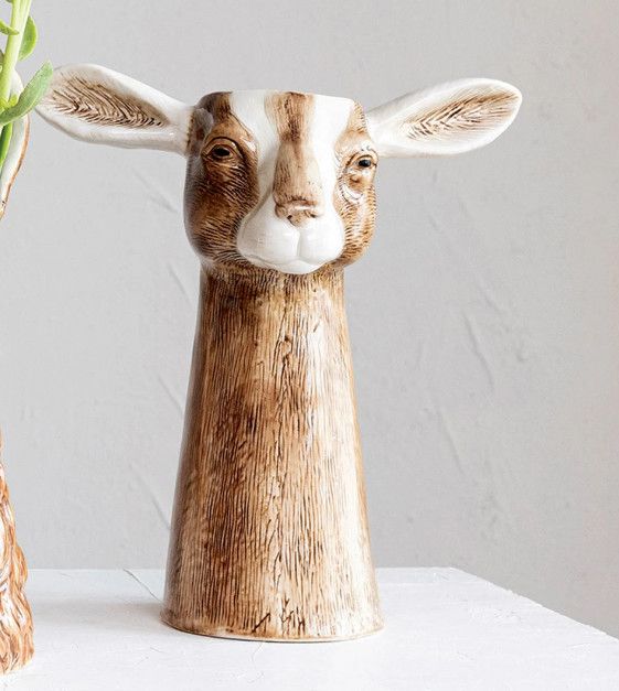 Hand painted stoneware goat vase