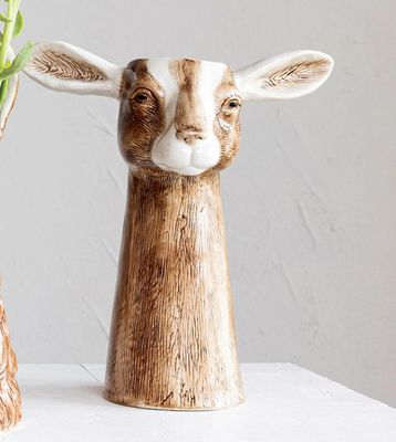Hand painted stoneware goat vase