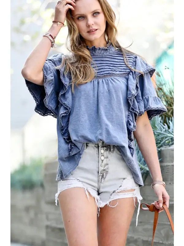 Vintage Washed Ruffle Lace Top, Size: Small, Color: Blue