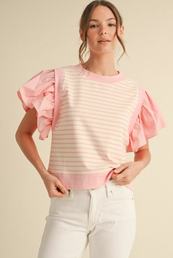 Striped top with U-neck and ruffly trimming shoulders, Color: pink, Size: S