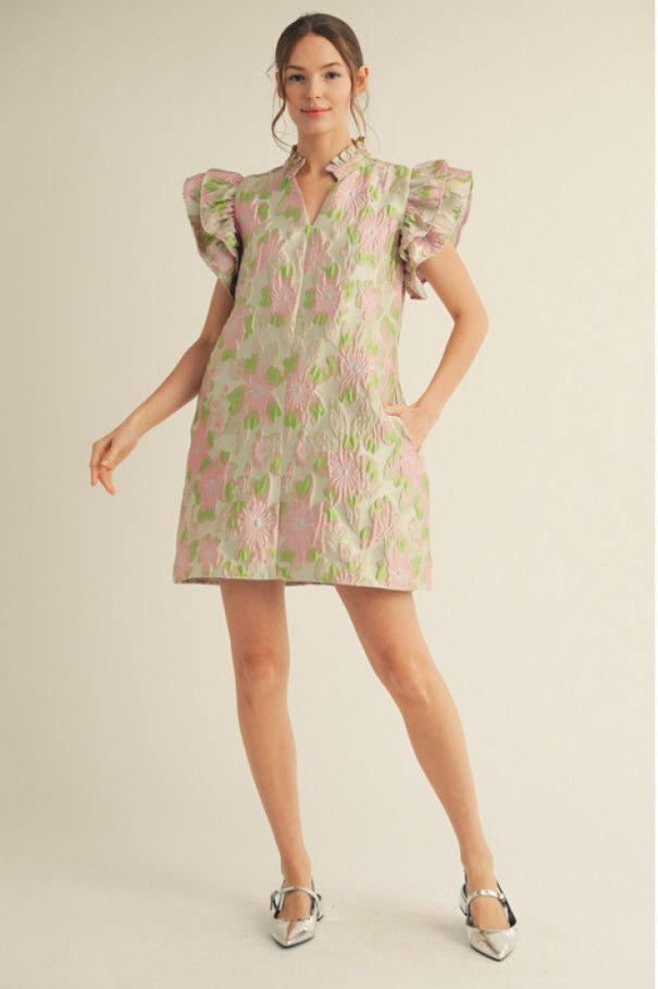 Ruffled cap sleeves floral jacquard dress, Size: S, Color: pink mix