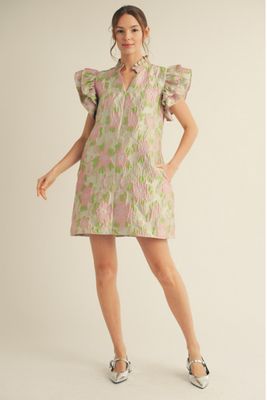 Ruffled cap sleeves floral jacquard dress