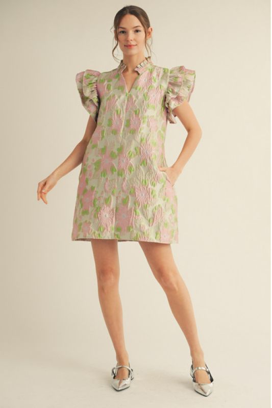 Ruffled cap sleeves floral jacquard dress