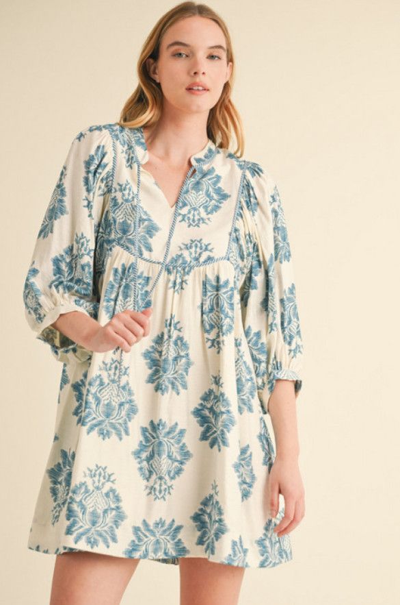 Flower pattern print dress, Color: teal, Size: S