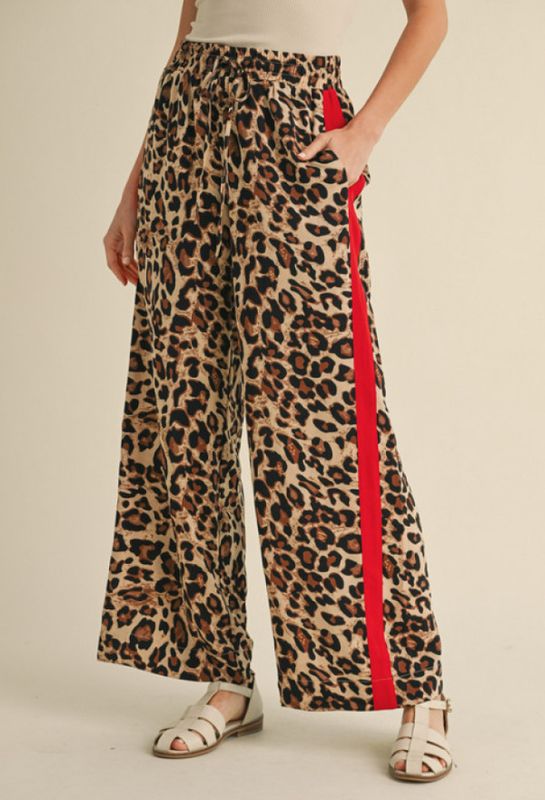 Leopard straight pants with colored stripe