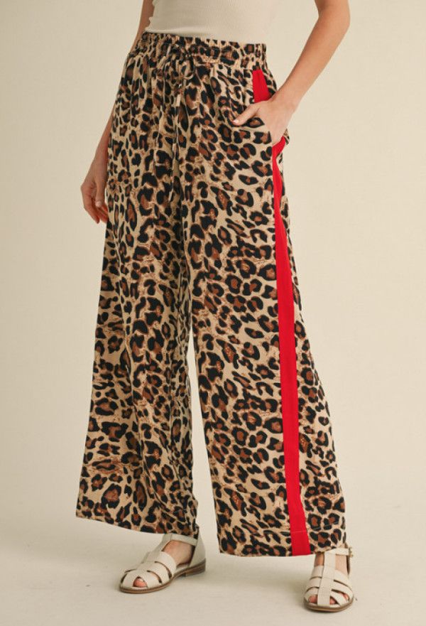 Leopard straight pants with colored stripe, Size: S, Color: red/animal