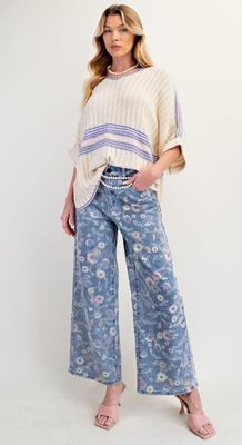 floral print denim twill pants