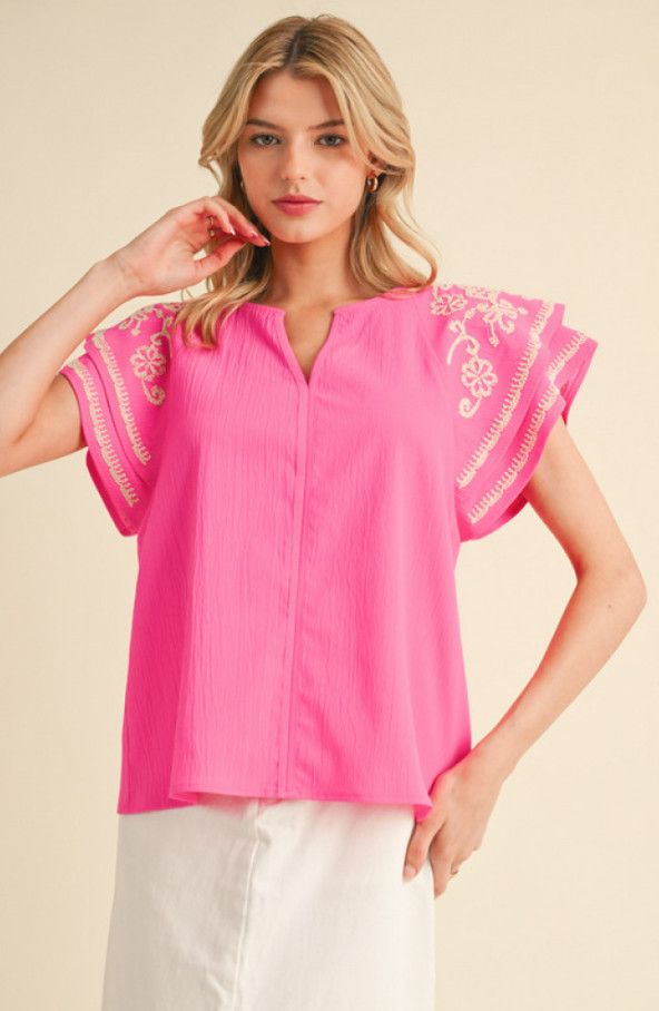 Solid top with flutter sleeves and floral embroidery, Color: hot pink, Size: S