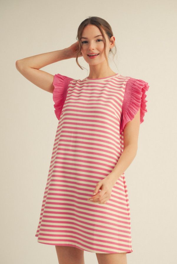 Striped print dress with U-neck