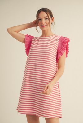 Striped print dress with U-neck