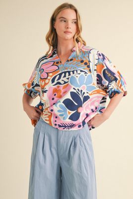 Multicolor print top with open collared neck