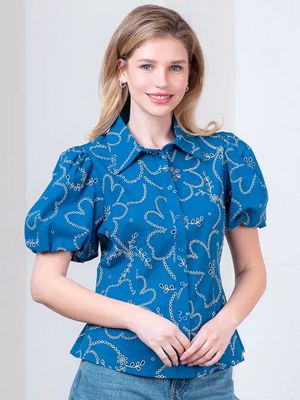 Blue Puff Sleeve Eyelet Blouse