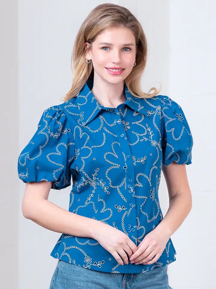 Blue Puff Sleeve Eyelet Blouse, Size: Small