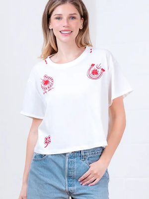 White Horse Shoe Embroidery Crop Shirt