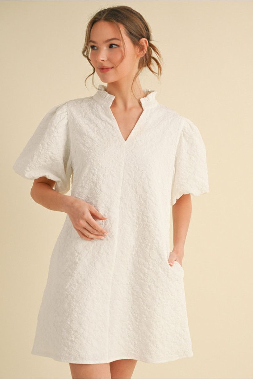 White Floral Textured Puff Sleeve Dress, Size: Small