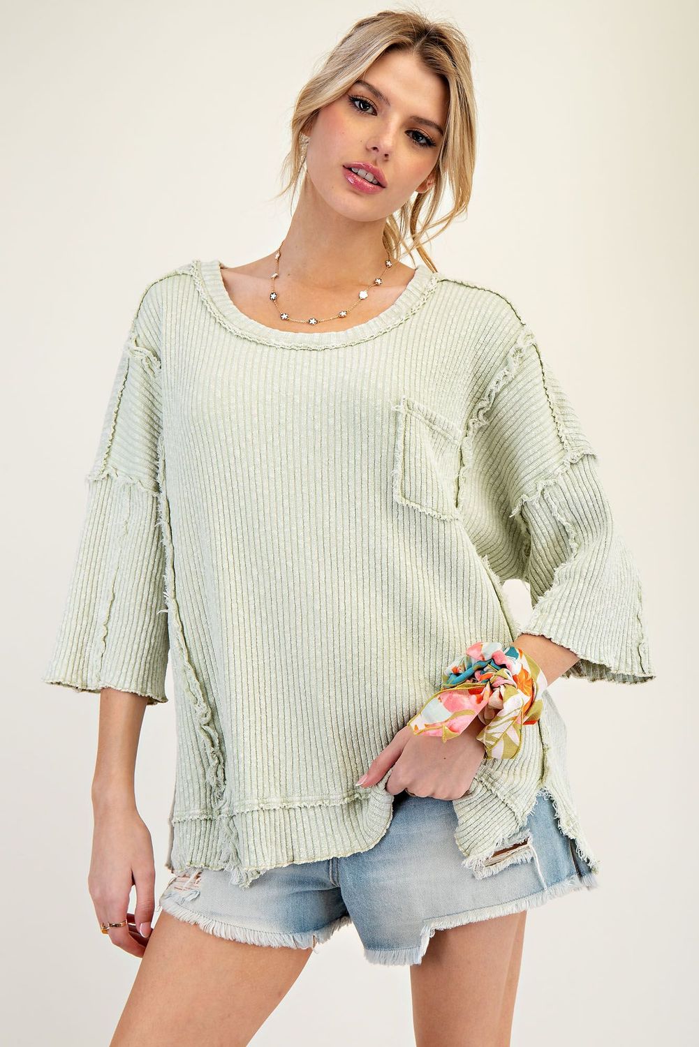 Mineral Washed Ribbed Knit Top, Color: Sage, Size: Small
