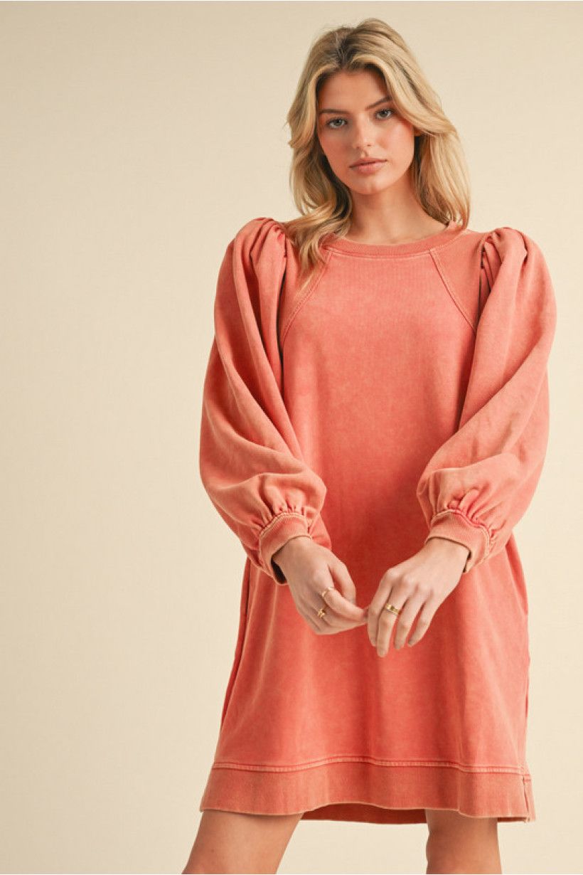 Rust Long Puff Sleeve Dress, Size: Small