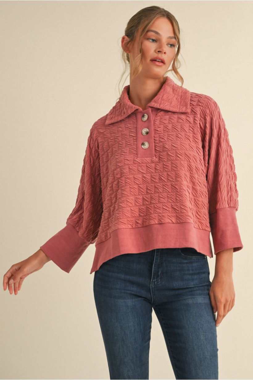 Textured Pull Over Top with Buttons
