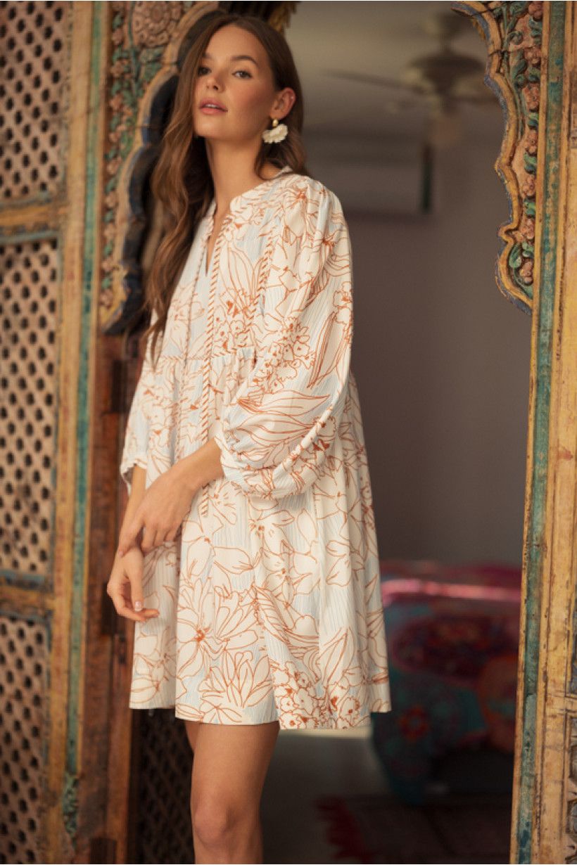 Three Quarter Puff Sleeve Floral Dress