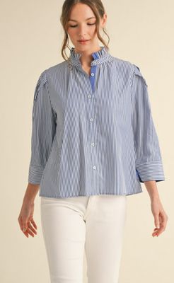 Striped top with stand-up collar