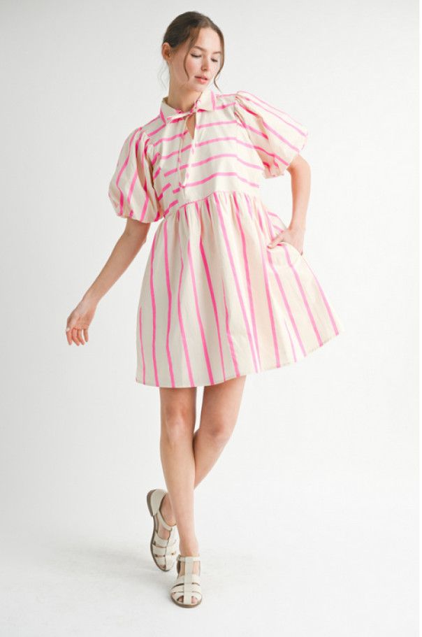 Cotton Stripes print baby doll dress, Size: S, Color: Pink