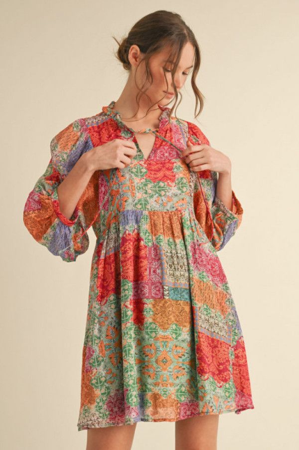 Multicolor print dress with frilled tie neck