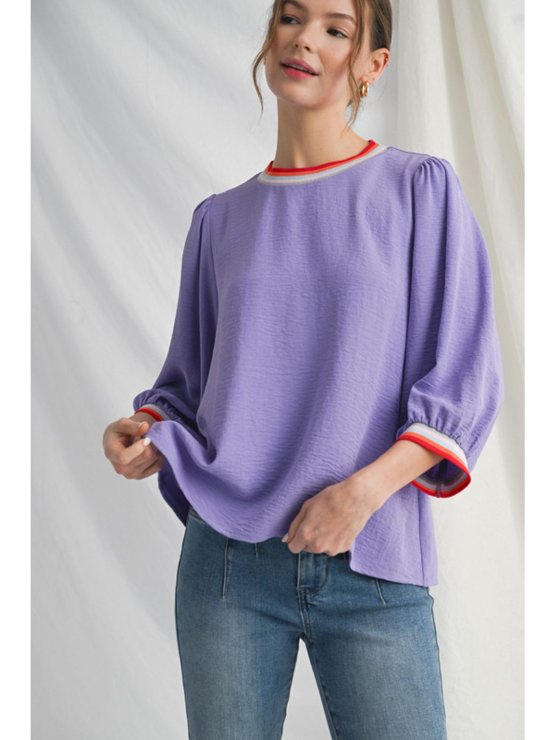 lilac, peasant sleeve, striped rainbow ribbing