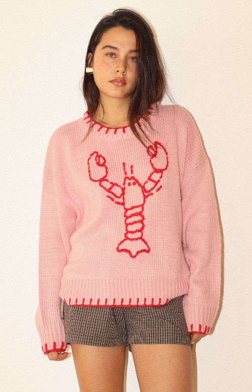 Lobster sweater with stitching hem, Size: XS, Color: Pink