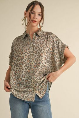 Leopard print collared button up top
