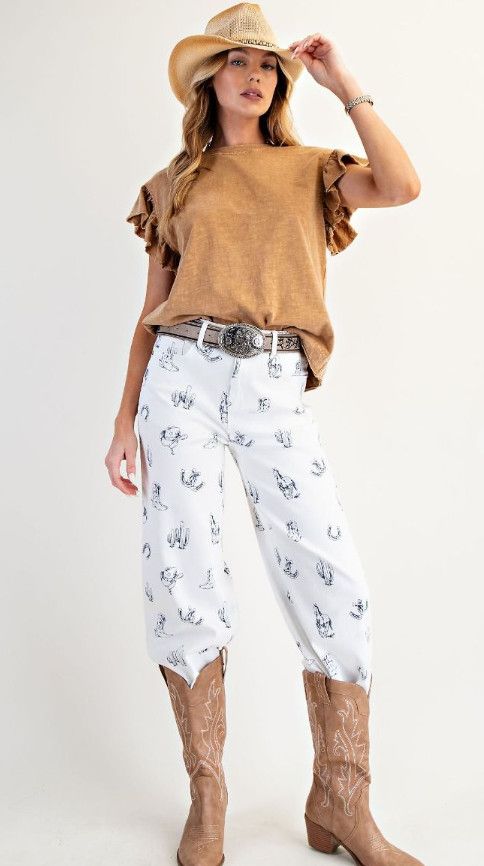 Western printed washed pants, Size: S, Color: white