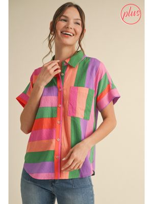 multi color short sleeve button down blouse