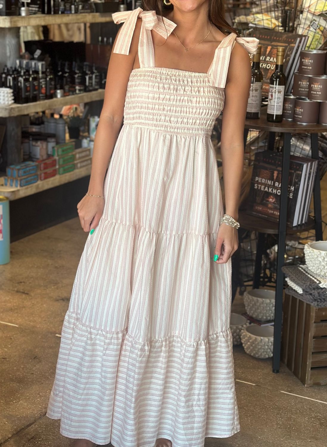 yarn die stripe shoulder tie detail maxi dress