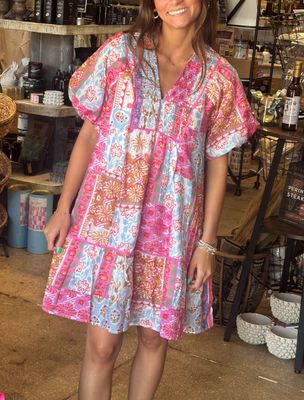 patchwork print v-neck mini dress