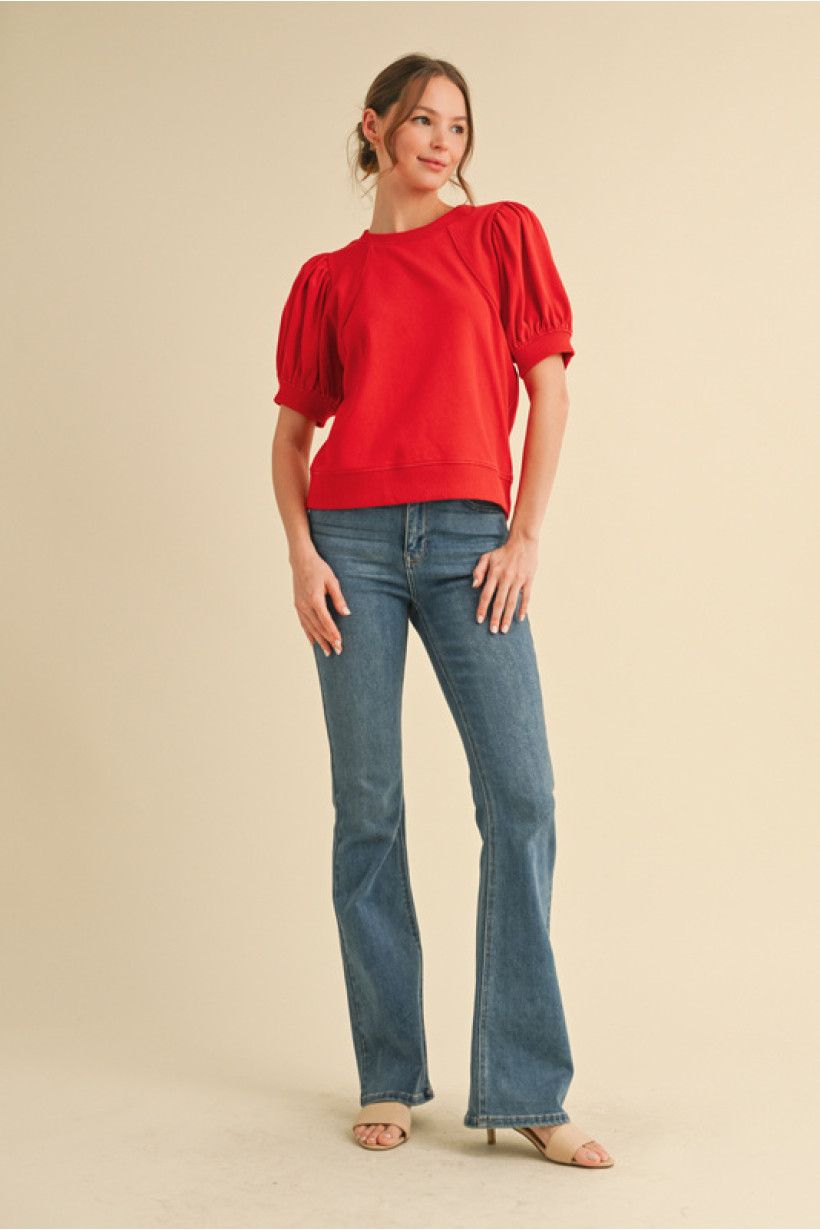 solid outline stich crew neck top with ribbing sleeves