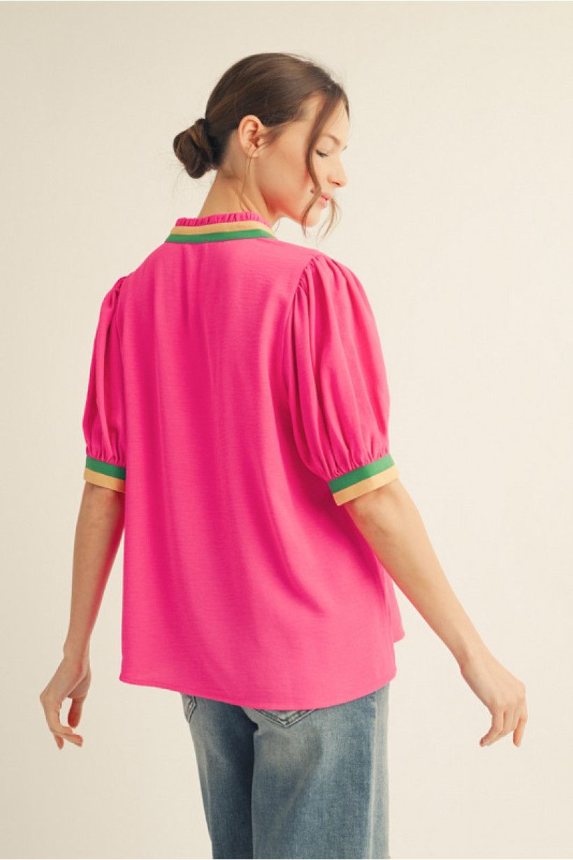 V- neck half sleeve solid top with color block contrast