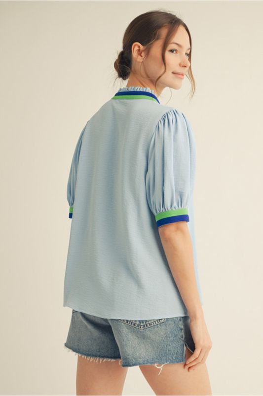 v-neck half sleeve solid top with color block contrast