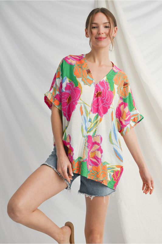 lightweight v-neck drop shoulder big floral top