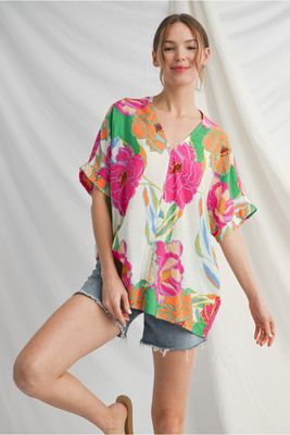 lightweight v-neck drop shoulder big floral top