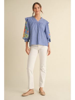 flower embroidered three quarter peasant sleeve top
