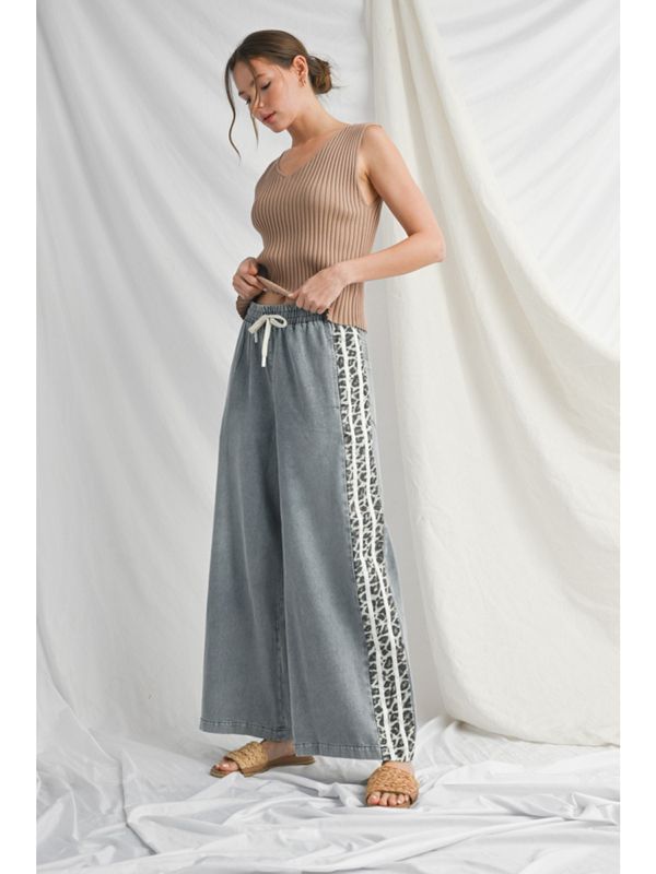 drawsting wide leg pants with leopard contrast